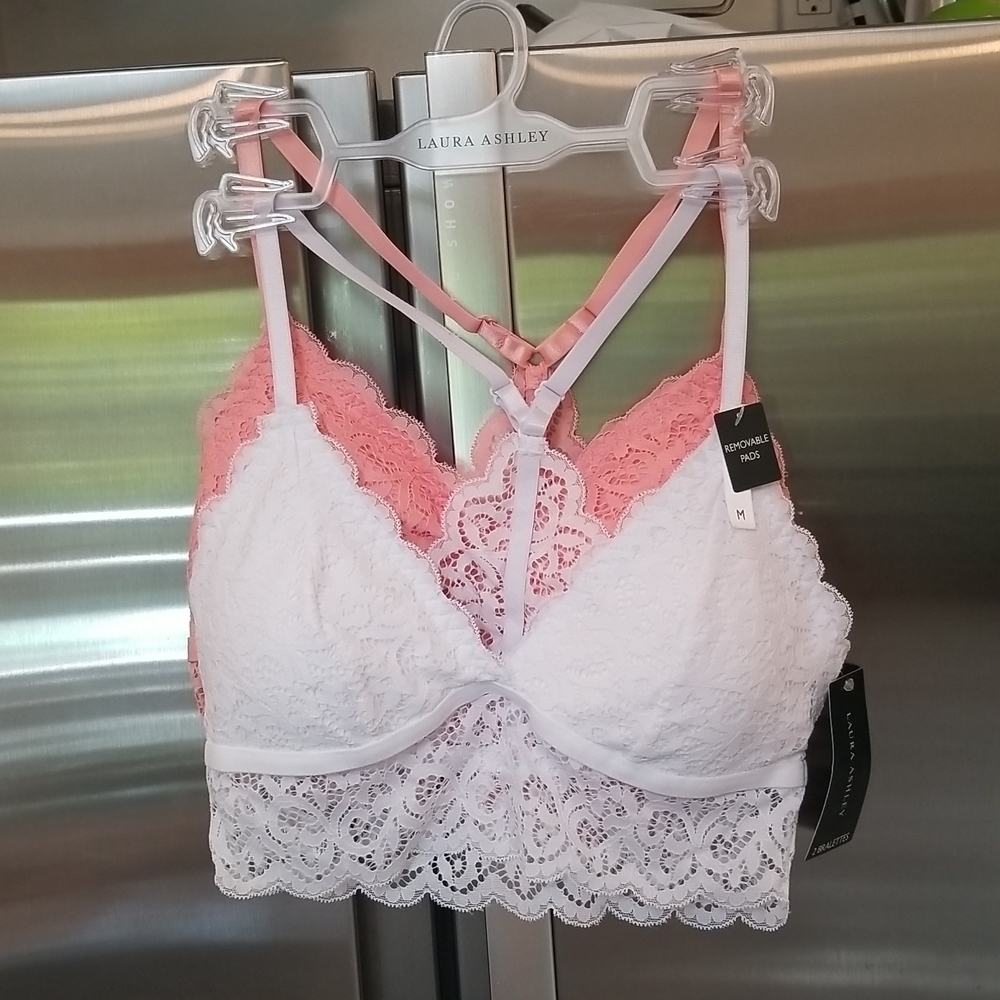 💕LAURA ASHLEY💕 Lace Padded Bralettes (2PK) Pink & White Medium M NWT